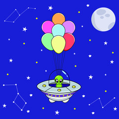 Fototapeta premium Cute cartoon alien in flying saucer with balloons on space with constellation moon and stars background flat design vector illustration