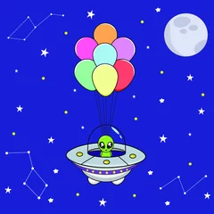 Fotobehang Cute cartoon alien in flying saucer with balloons on space with constellation moon and stars background flat design vector illustration © JelynMae