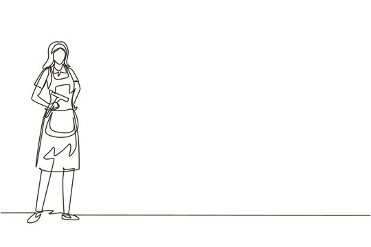 recommend clip art: Single one line drawing cleaning service with cool pose. Cleaning worker posing and enjoying working. Smiling female cleaning company staff member. Continuous line draw design vector illustration