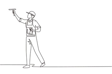 Continuous one line drawing male professional busy janitor wiping indoors, office cleaning, window, floor washing, young, happy, wearing overall, cap, protective gloves. Single line draw design vector