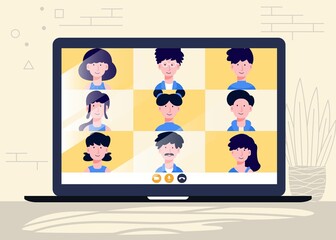 Online meeting illustration vector design concept. Man and woman at remote work conference. work from home with virtual video. Cartoon people discussion.