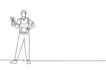 Single continuous line drawing man washing windows at home. Housework chores, male doing house work domestic duties. Guy cleaning and tidying up flat. Housekeeping routine. One line draw design vector