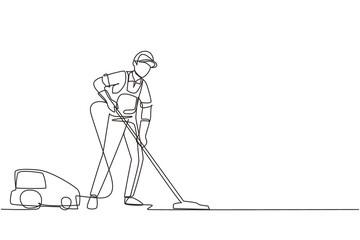 Single one line drawing man with vacuum cleaners of various types isolated on white background. Washing and cleaning service. Disinfection and cleaning. Continuous line draw design vector illustration - obrazy, fototapety, plakaty