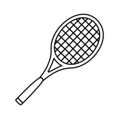 Tennis racquet. Badminton. Sport equipment line sketch. Hand drawn doodle outline icon. Vector black and white freehand fitness illustration