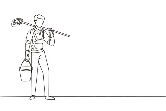 recommend clip art: Single continuous line drawing man mopping floor, male cleaner janitor in uniform and bucket, cleaning service concept. Housework service or housekeeping workers, janitor. One line draw design vector