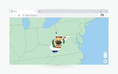 Browser window with map of West Virginia, searching  West Virginia in internet.