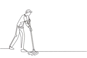 Continuous one line drawing male mopping floor at office. Cleaning workers. Professional cleaning staff, domestic cleaner worker and cleaners equipment. Single line draw design vector illustration