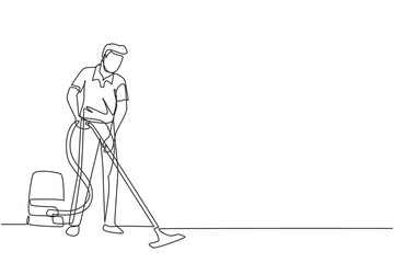 Single one line drawing male professional busy janitor vacuum cleaning indoors, floor office cleaning, young, happy, wearing uniform, protective gloves. Continuous line draw design vector illustration - obrazy, fototapety, plakaty