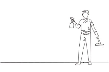 Single one line drawing man cleaning and tidying home, male wiping window glass with detergents and special supplies. Cleanup and housekeeping of apartment or house. Continuous line draw design vector