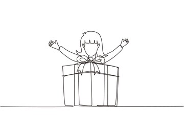 Continuous one line drawing happy little girl holding big ribbon bow wrapped gift box in front of her in arms. Beautiful girl accept birthday gift. Single line draw design vector graphic illustration