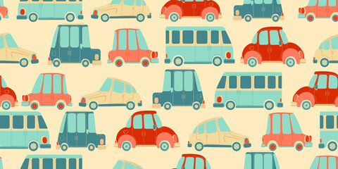 Seamless pattern with cute hand drawn cars in Scandinavian style. Vector repeated background with automobiles in cartoons design for kids.