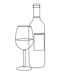 continuous single line wine bottle and wine glass, line art vector illustration