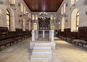 Interior view of historic Jewish Maimonides Synagogue or Rav Moshe Synagogue with altar, arched...
