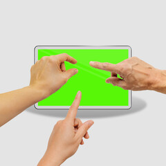 people zooming and scrolling page on green smartphone display