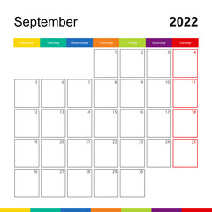 September 2022 colorful wall calendar, week starts on Monday.