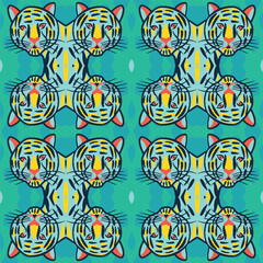 Vector abstract symmetrical kaleidoscopic tigers seamless pattern