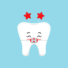 Christmas tooth in braces with headband with stars dental icon isolated on background. Dentist cute white tooth character in bracket. Flat design cartoon vector dentistry clip art illustration.