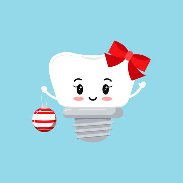Cute tooth implant with in red christmas ball isolated on white background. Xmas white tooth character. Flat design cartoon kawaii style vector illustration.