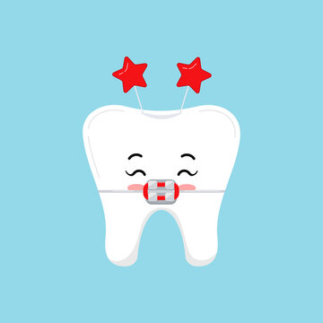 Christmas tooth in braces with headband with stars dental icon isolated on background. Dentist cute white tooth character in bracket. Flat design cartoon vector dentistry clip art illustration.