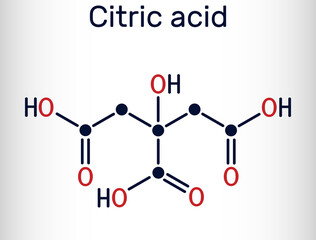 Citric acid molecule, alpha hydroxy acid, AHA. Is used as additive in food, cleaning agents, nutritional supplements. Skeletal chemical formula