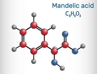 Mandelic acid molecule. It is is alpha hydroxy acid, AHA. Molecule model