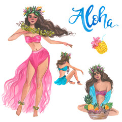 Aloha girl, watercolor Hawaiian illustration. - obrazy, fototapety, plakaty