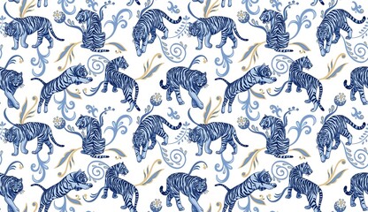 Blue wild tigers with abstract decorative plants.  Vector seamless pattern