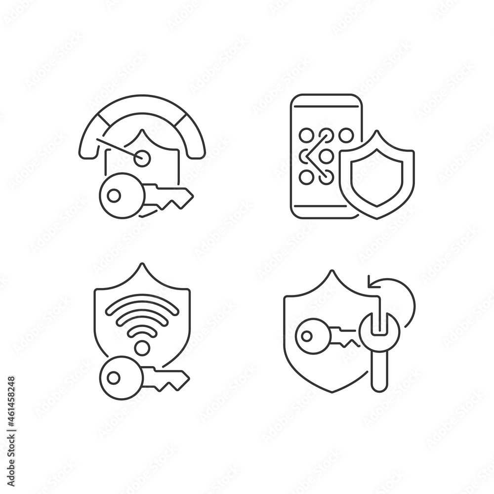Poster system password linear icons set. smartphone lock. wifi protection. cracker app for password managem