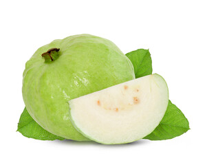 Guava fruit with leaf isolated on white background.