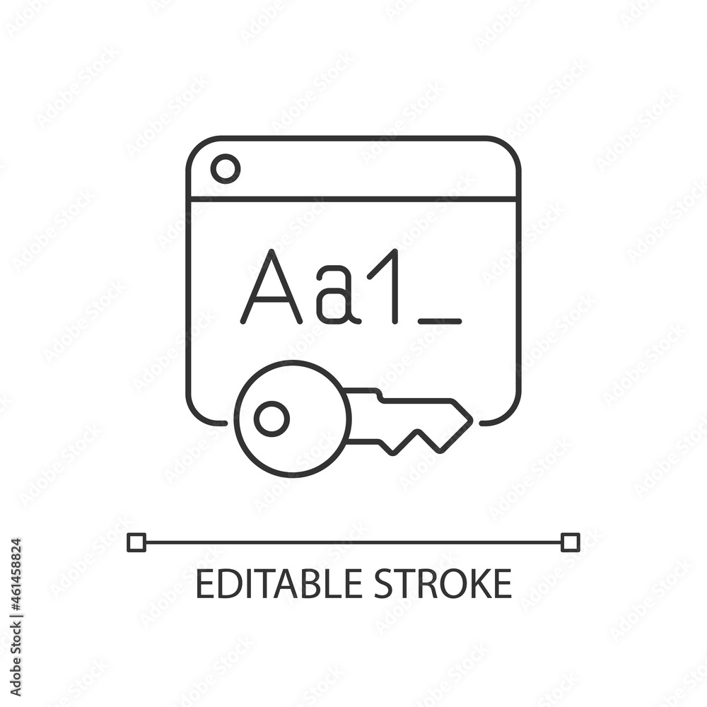 Poster Letter and number password linear icon. Defense service for secure website. Internet safety. Thin line customizable illustration. Contour symbol. Vector isolated outline drawing. Editable stroke