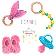 It's a girl, set of accessories. Watercolor illustration.