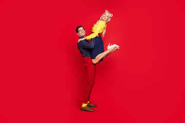 Photo of sweet sportive young guy lady wear pin up clothes smiling dancing swing isolated red color background