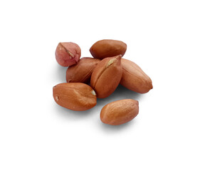 Closeup of a small pile of raw red fresh peanuts on a white background