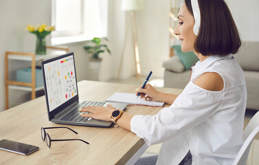Online education concept. Adult woman studying team management at home. Happy lady in headphones sitting at desk, looking at slides on laptop screen, learning about business processes and taking notes