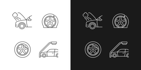 Vehicle damage in car accident cases linear icons set for dark and light mode. Mechanical breakdown. Tire defect. Customizable thin line symbols. Isolated vector outline illustrations. Editable stroke