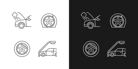 Vehicle damage in car accident cases linear icons set for dark and light mode. Mechanical breakdown. Tire defect. Customizable thin line symbols. Isolated vector outline illustrations. Editable stroke