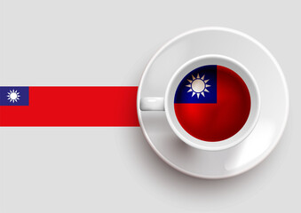 Fototapeta premium Taiwan flag with a tasty coffee cup on top view and a gradient background. Hot beverage with Taiwan flag, vector illustration.