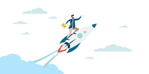 A person strives for a goal. Upward movement. The goal is victory. Hit the mark. man on a rocket flies to victory. Chart up. Vector.