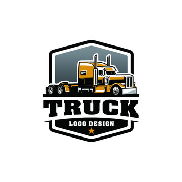 Trucking company badge logo, semi truck logo, 18 wheeler ready made logo template set vector isolated