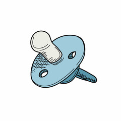 Drawing, engraving, ink, line art, vector illustration baby blue pacifier for boy colored sketch in silhouette on a white background.