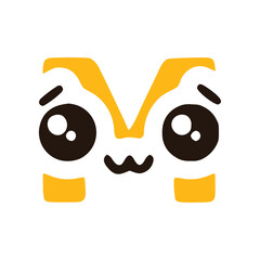 Letter m cute kawaii character with big eyes, vector clipart