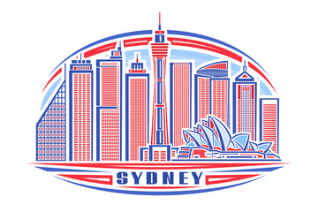Vector illustration of Sydney, horizontal poster with linear design oceania sydney city scape on day sky background, urban line art concept with decorative letters for word sydney on white background. - obrazy, fototapety, plakaty