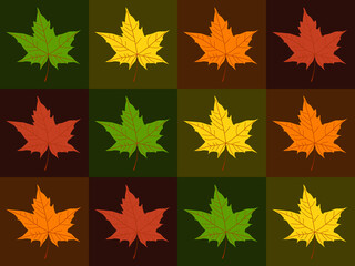 Fototapeta premium Vector seamless multicolored checkered pattern with bright Yellow, orange, red, brown and green maple leaves. Trendy color palette background. Autumn leaf color. Fall. Foliage. Design autumnal ideas.