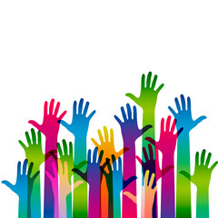 Obraz premium Hands on a light background. Colorful silhouettes arms. Vector team, help, friendship symbol illustration.