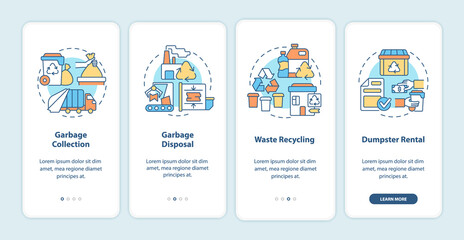 Waste management service onboarding mobile app page screen. Garbage collection walkthrough 4 steps graphic instructions with concepts. UI, UX, GUI vector template with linear color illustrations