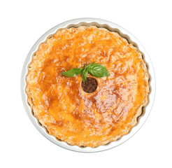 Delicious pie with minced meat on white background. top view