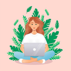 Woman sits at a laptop while sitting in nature. Flat vector illustration of freelance, work at home, work, office, education. Remote work and communication in social networks. Cartoon style