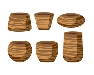 Flower pots set isolated on white background. Brown ceramic empty pots with decor of different shapes. Gardening round containers, planters. Gardening equipment. Flat vector illustration.