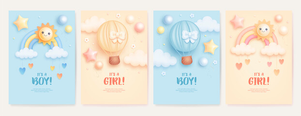 Set of baby shower invitation with cartoon hot air balloon, rainbow, sun, balloons and flowers on blue and pink background. It's a boy. It's a girl. Vector illustration