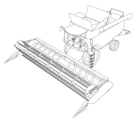 Combine harvester contour from black lines isolated on white background. Isometric view. 3D. Vector illustration